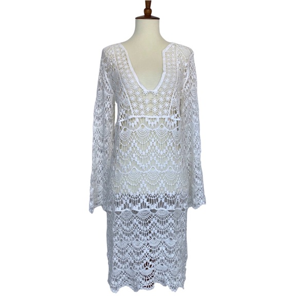 Boho Long Sleeve White Crochet Knit Hollow-Out Beach Coverup - Picture 7 of 15